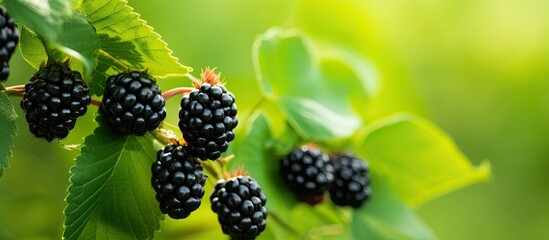A bunch of ripe blackberries growing on a bush against a blurred green backdrop - obrazy, fototapety, plakaty