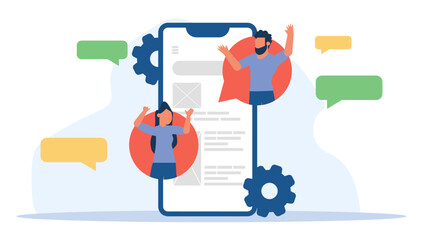 Flat vector illustration with successful business team involved in development digital network or web design concept, online communication, marketing, and social media. Man and woman, using technology
