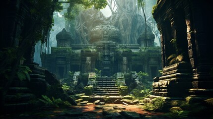 n ancient, overgrown temple hidden deep within a lush, tropical jungle, where nature has begun to reclaim the sacred space, captured with an HD camera.