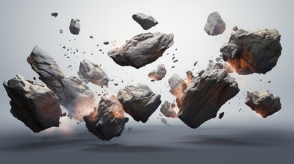 Rock stone white background fall black falling space isolated splash dust mountain cliff flying....