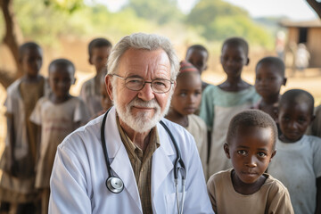 Compassionate Doctor in an African Country Poses, Looking at the Camera with Underprivileged African Children in the Background - obrazy, fototapety, plakaty