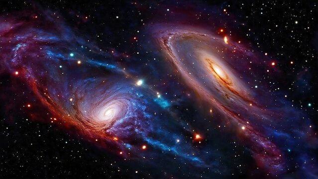 Spiral galaxies colliding. Gas clouds. Concept art. Cosmic art. Galactic art. 4K - 8K - 12K TV. Generative AI.