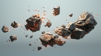 Rock stone white background fall black falling space isolated splash dust mountain cliff flying. Earth stone boulder texture rock abstract broken powder white dirt blast float burst fantasy surface.