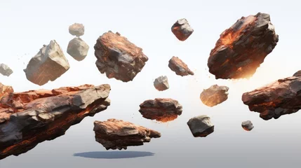 Foto op Canvas Rock stone white background fall black falling space isolated splash dust mountain cliff flying. Earth stone boulder texture rock abstract broken powder white dirt blast float burst fantasy surface. © Максим Зайков