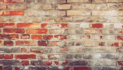 Old wall background with stained aged bricks, full texture, panoramic view