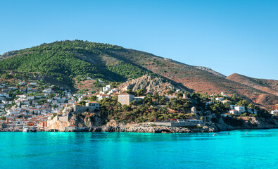 Panoramic view of Hydra town on Hydra Island, Greece.