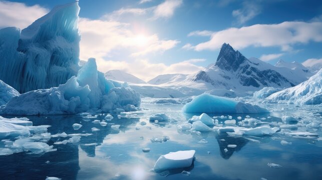 landscape of the North Pole where climate change has caused melting ice caps and reduced polar ice extent