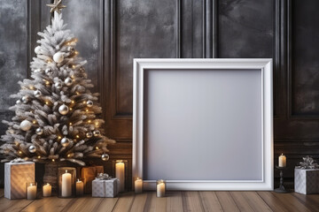 Frame mockup for presentation of poster design or art work in an elegant Christmas interior. White empty frame with copy space template. - obrazy, fototapety, plakaty