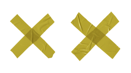 Yellow adhesive tapes. Cross torn sticky tape set. Wrinkled adhesive tape pieces.