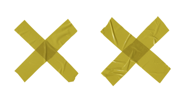 Yellow adhesive tapes. Cross torn sticky tape set. Wrinkled adhesive tape pieces.