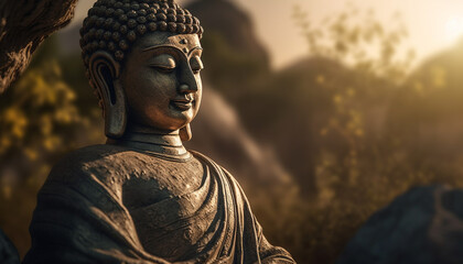 Tranquil Buddha statue meditates in serene sunset at ancient pagoda generated by AI