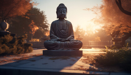 Sitting statue meditates in lotus position at serene sunset pagoda generated by AI