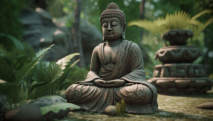 Meditating statue in lotus position, surrounded by tranquil nature generated by AI