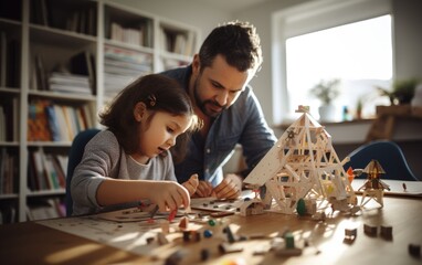 Fototapeta premium A parent helping a child with a school project at home