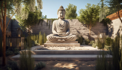 Sitting statue meditating in tranquil scene, ancient spirituality and culture generated by AI