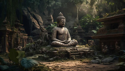 Sitting statue meditating in ancient pagoda, surrounded by tranquil nature generated by AI