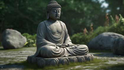 Sitting statue in lotus position, meditating in tranquil scene generated by AI