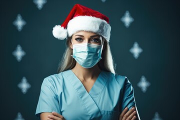 Fototapeta na wymiar Nurse in festive New Years uniform administering vaccines background with empty space for text 