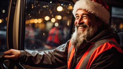 Obraz na płótnie Canvas Bus driver in festive New Years uniform cheerfully guiding holiday tour passengers 