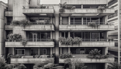 Modern apartment building exterior with balcony in a concrete cityscape generated by AI