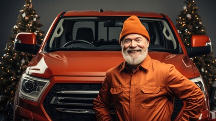 A mechanic repairing vehicles in festive New Years attire isolated on a gradient background 
