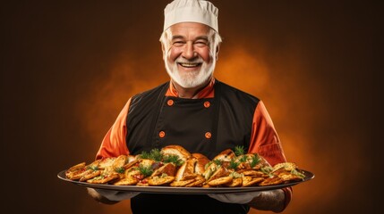 A chef in New Years attire cooking holiday dinner isolated on a gradient background 