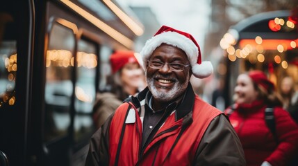 Bus driver in festive New Years uniform cheerfully guiding holiday tour passengers  - obrazy, fototapety, plakaty