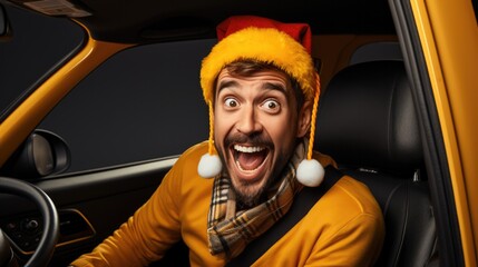 Taxi driver in festive attire driving decorated cab isolated on a gradient background  - obrazy, fototapety, plakaty