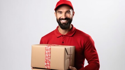 Courier in New Years uniform delivering festive packages isolated on a white background 