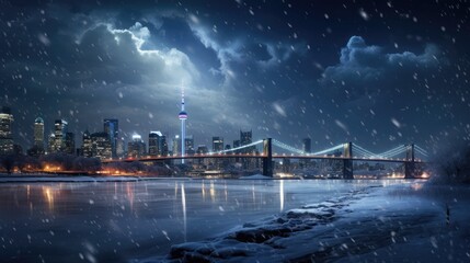 Snowy Night in the City: enchanting winter beauty of urban landscapes under a blanket of snow.