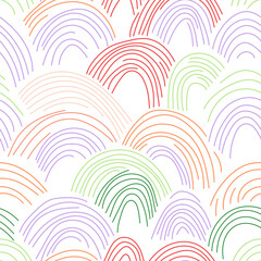 Cute colorful rainbows background. Haand drawn retro style rainbow seamless pattern with pastel color stripes.