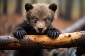 A baby bear playing with a log