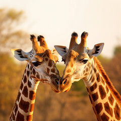 The close up face of  two giraffes, a lover couple,are kissing under the sunshine in the savannah. Generative AI. - obrazy, fototapety, plakaty