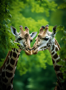The close up face of  two giraffes, a lover couple,are kissing under the sunshine in the savannah. Generative AI.
