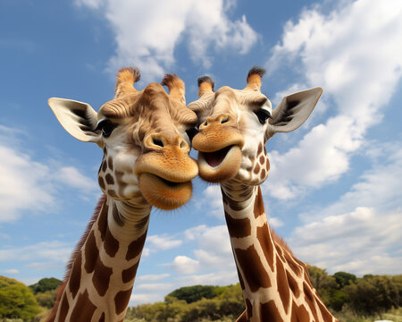 The close up face of  two giraffes, a lover couple,are kissing under the sunshine in the savannah. Generative AI.
