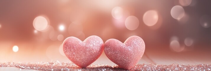 Valentines day banner, two pink glittered hearts on bokeh lights background