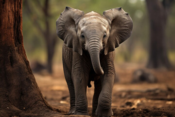 A baby elephant with its trunk up, focus on the texture and expression - obrazy, fototapety, plakaty