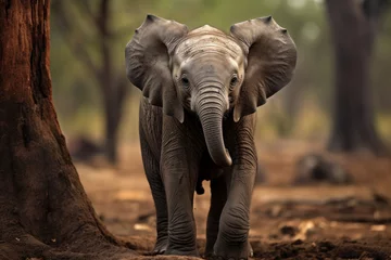 Foto op Canvas A baby elephant with its trunk up, focus on the texture and expression © Nino Lavrenkova