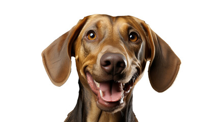 Happy dog ​​looks at the camera and shows close bond. PNG with transparent background.