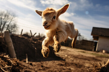 A baby goat jumping, action shot capturing the joy