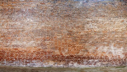 Old wall background with stained aged bricks, full texture, panoramic view