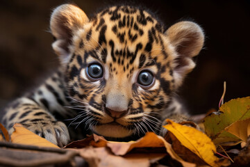 A baby jaguar playing with a leaf, focus on the paws and spots