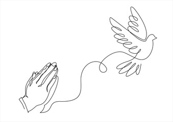 Continuous single one line drawing of Two Hands Pressed Together in Prayer Position and Flying Dove. Pray for peace. Action for Prayer, Gratitude, Greeting and Thankful Isolated on White Background