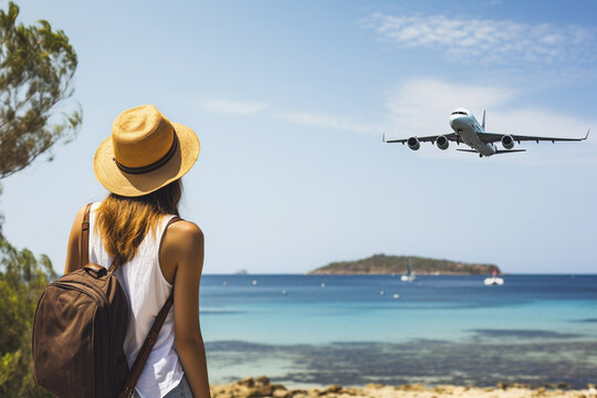 Young woman tourist with backpack and hat looking at airplane flying over the sea