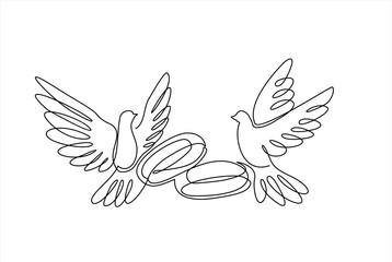 Hand drawn one line vector.Wedding day. Wedding rings and flying pigeons vector one continuous  line art. Illustration with quote template. Can used for logo, banner, booklet, flyer, brochure