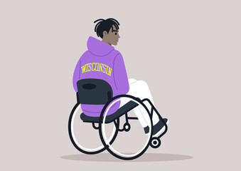 A young individual using a wheelchair, seen from behind, wearing a purple Wisconsin hoodie