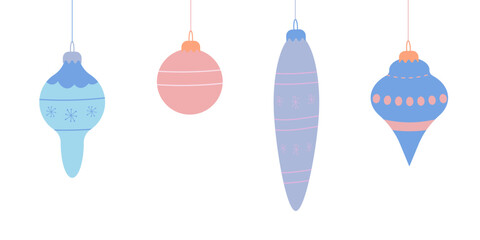 Christmas toys and balls. Different shapes new year decorations in flat style