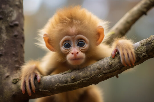 A baby monkey hanging from a branch, focus on the grip and expression