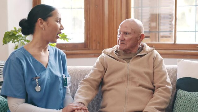 Healthcare, discussion and doctor with senior man in living room for diagnosis or treatment plan. Conversation, medical and female caregiver explaining medicare to elderly patient in nursing home.