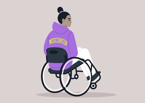 A young individual using a wheelchair, seen from behind, wearing a purple Wisconsin hoodie